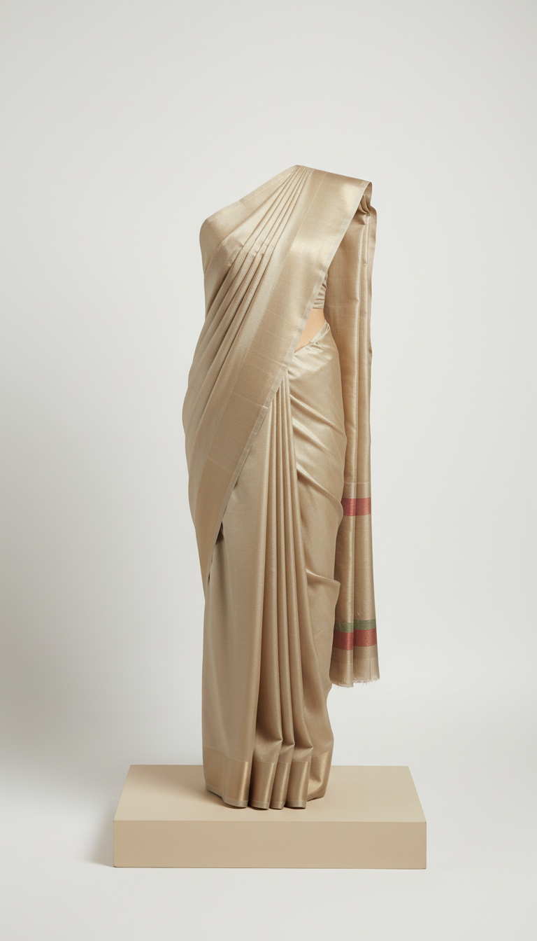 Champagne silk sari with metallic border, draped on a mannequin - Attirecraft