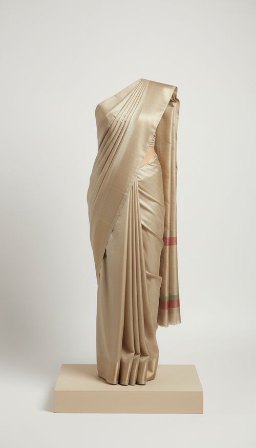 Champagne silk sari with metallic border, draped on a mannequin - Attirecraft