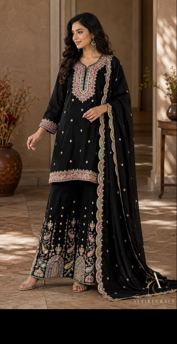 Black embroidered three-piece palazzo suit with multicolour embroidery and matching dupatta - Attirecraft