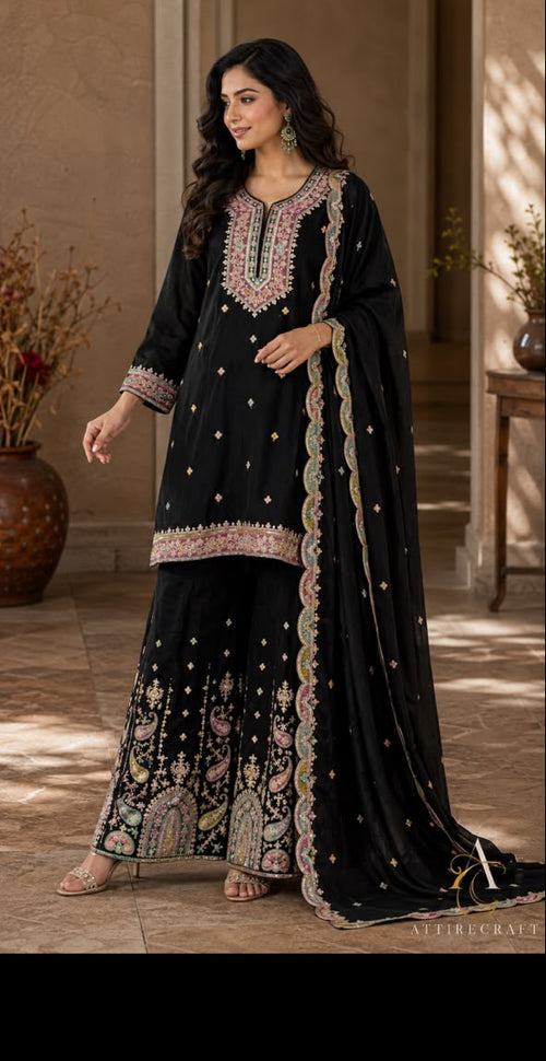 Black embroidered three-piece palazzo suit with multicolour embroidery and matching dupatta - Attirecraft