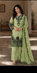 Sage green embroidered three-piece salwar kameez suit with black mirror-work embroidery and matching dupatta - Attirecraft