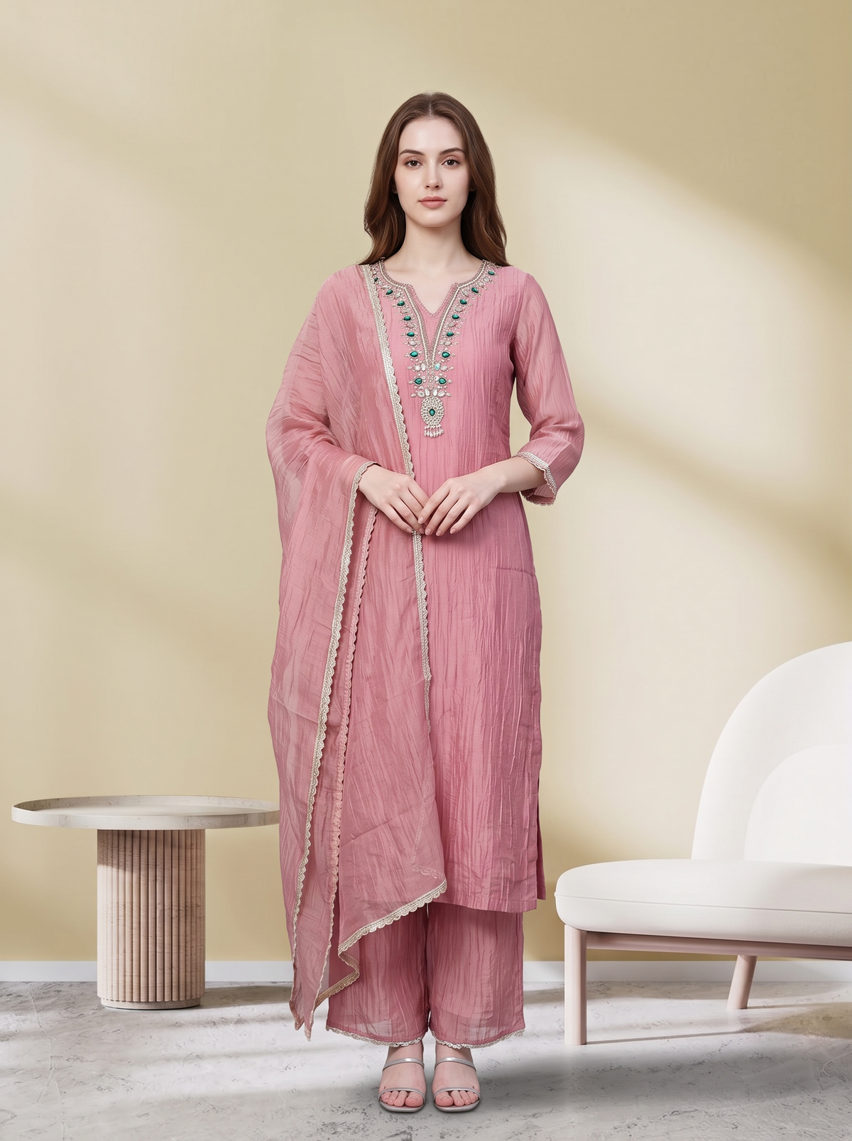 Dusty Pink Embroidered Kurta Set with Gota Lace Dupatta