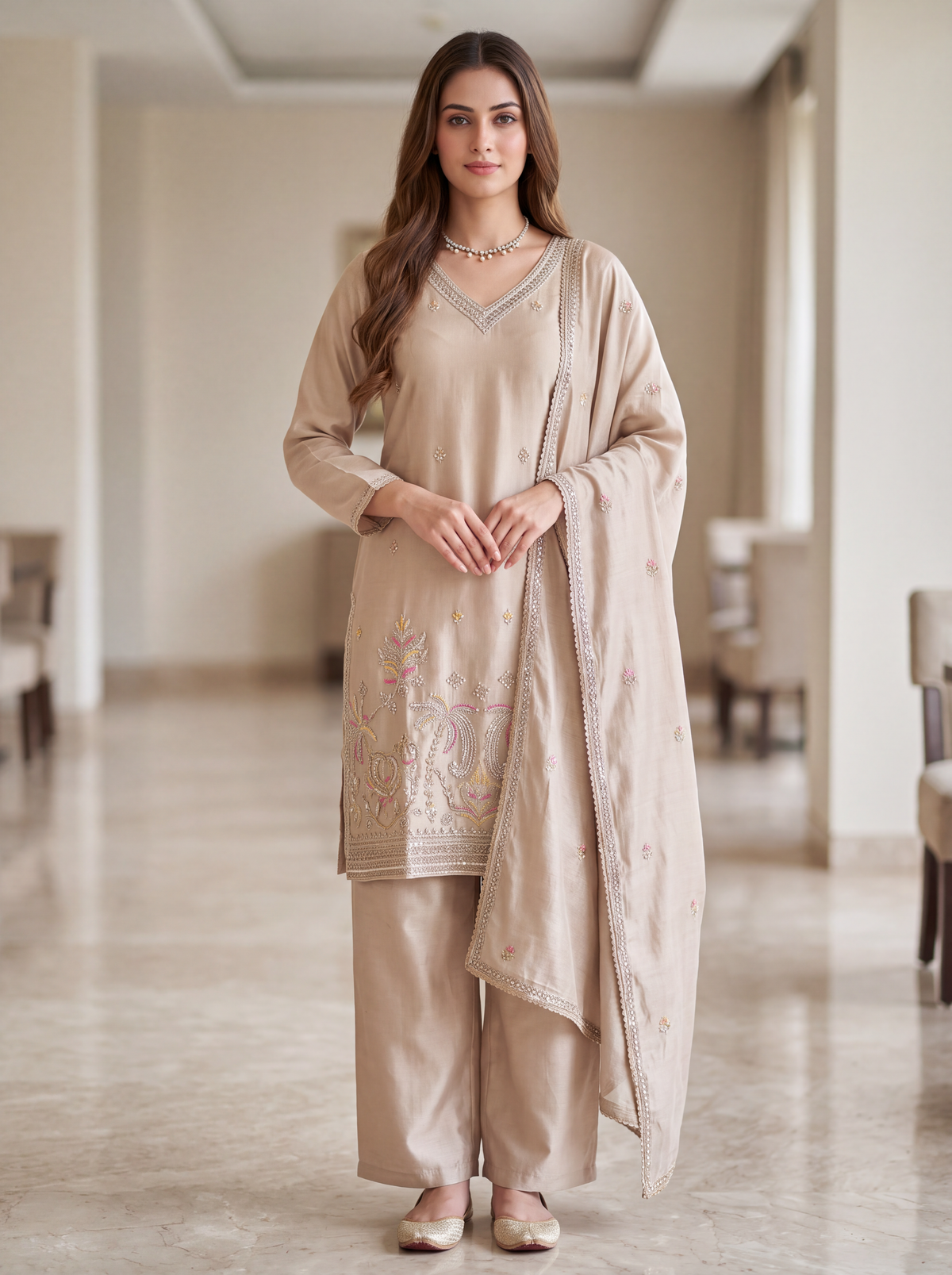 Beige Embroidered Kurta Set with Floral Palm Motif Dupatta