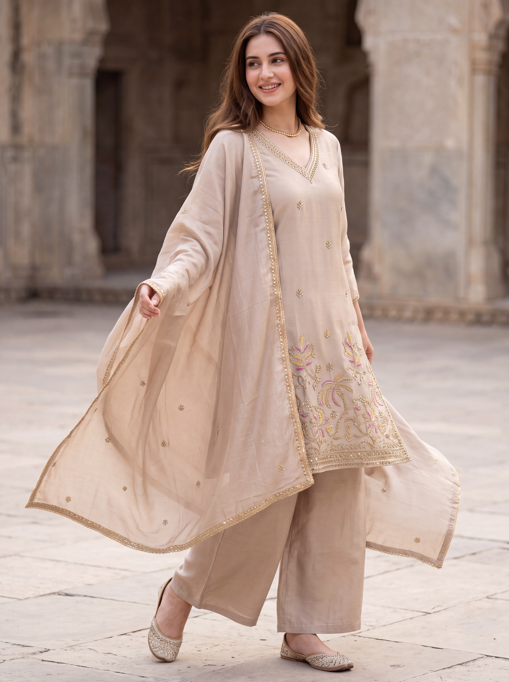 Beige Embroidered Kurta Set with Floral Palm Motif Dupatta