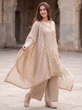 Beige Embroidered Kurta Set with Floral Palm Motif Dupatta