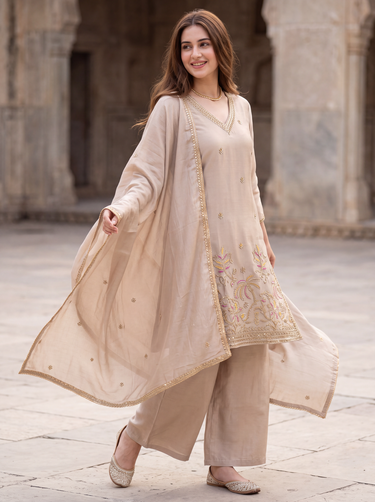 Beige Embroidered Kurta Set with Floral Palm Motif Dupatta