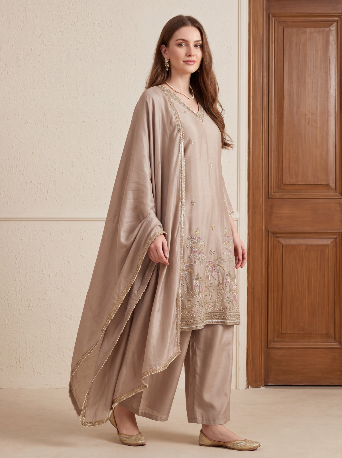 Beige Embroidered Kurta Set with Floral Palm Motif Dupatta