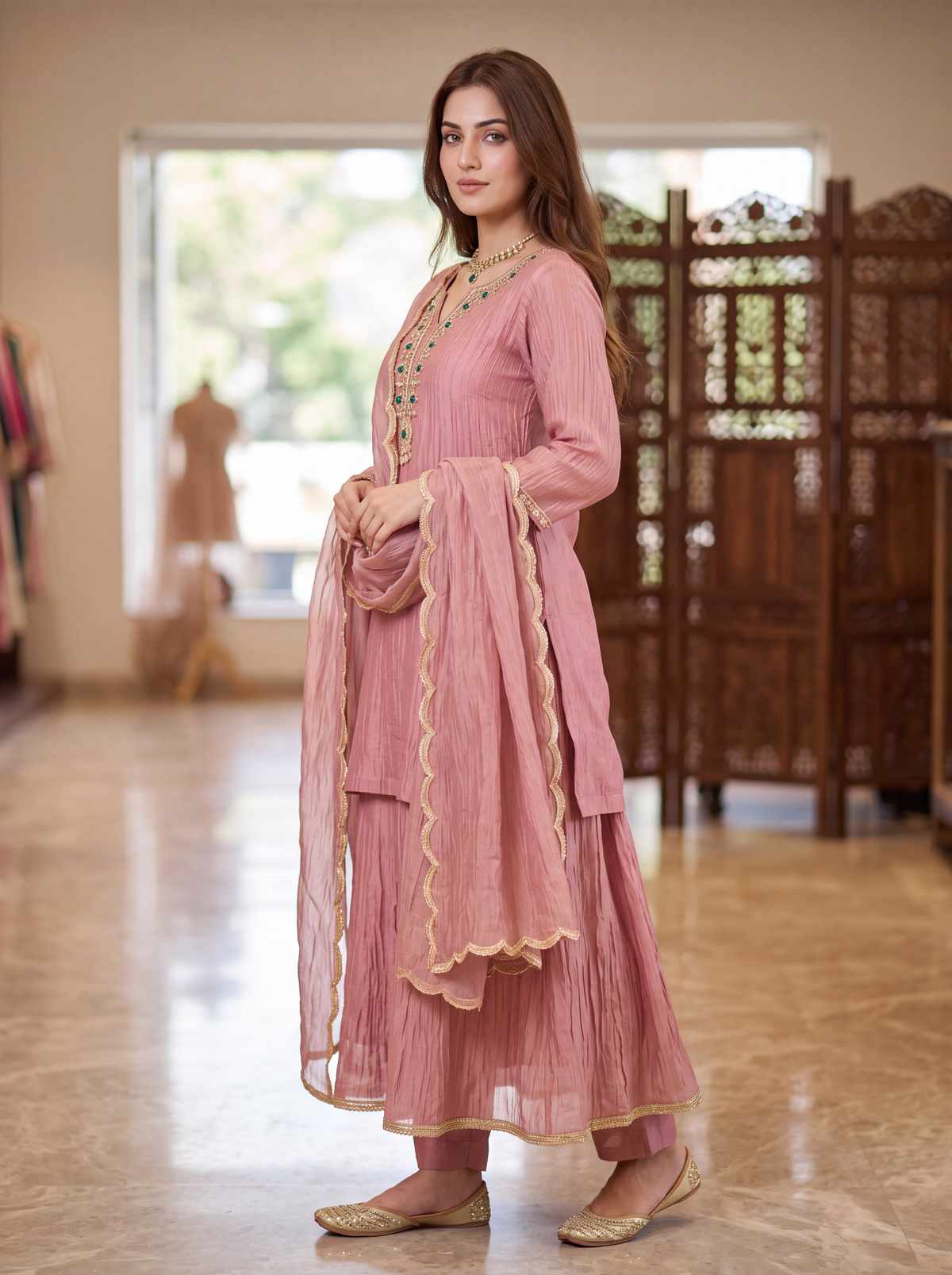 Dusty Pink Embroidered Kurta Set with Gota Lace Dupatta