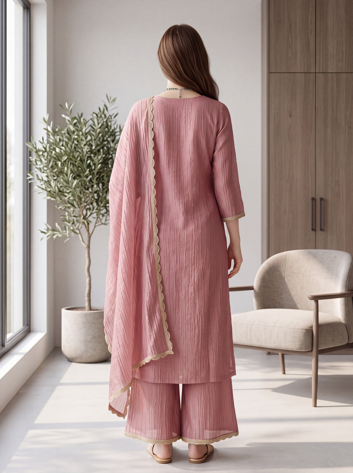 Dusty Pink Embroidered Kurta Set with Gota Lace Dupatta