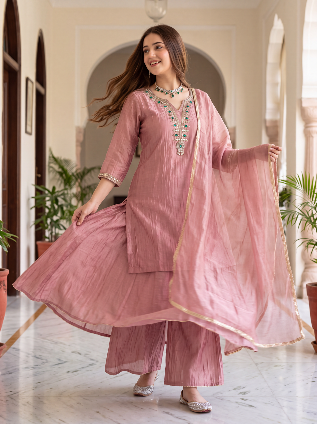 Dusty Pink Embroidered Kurta Set with Gota Lace Dupatta