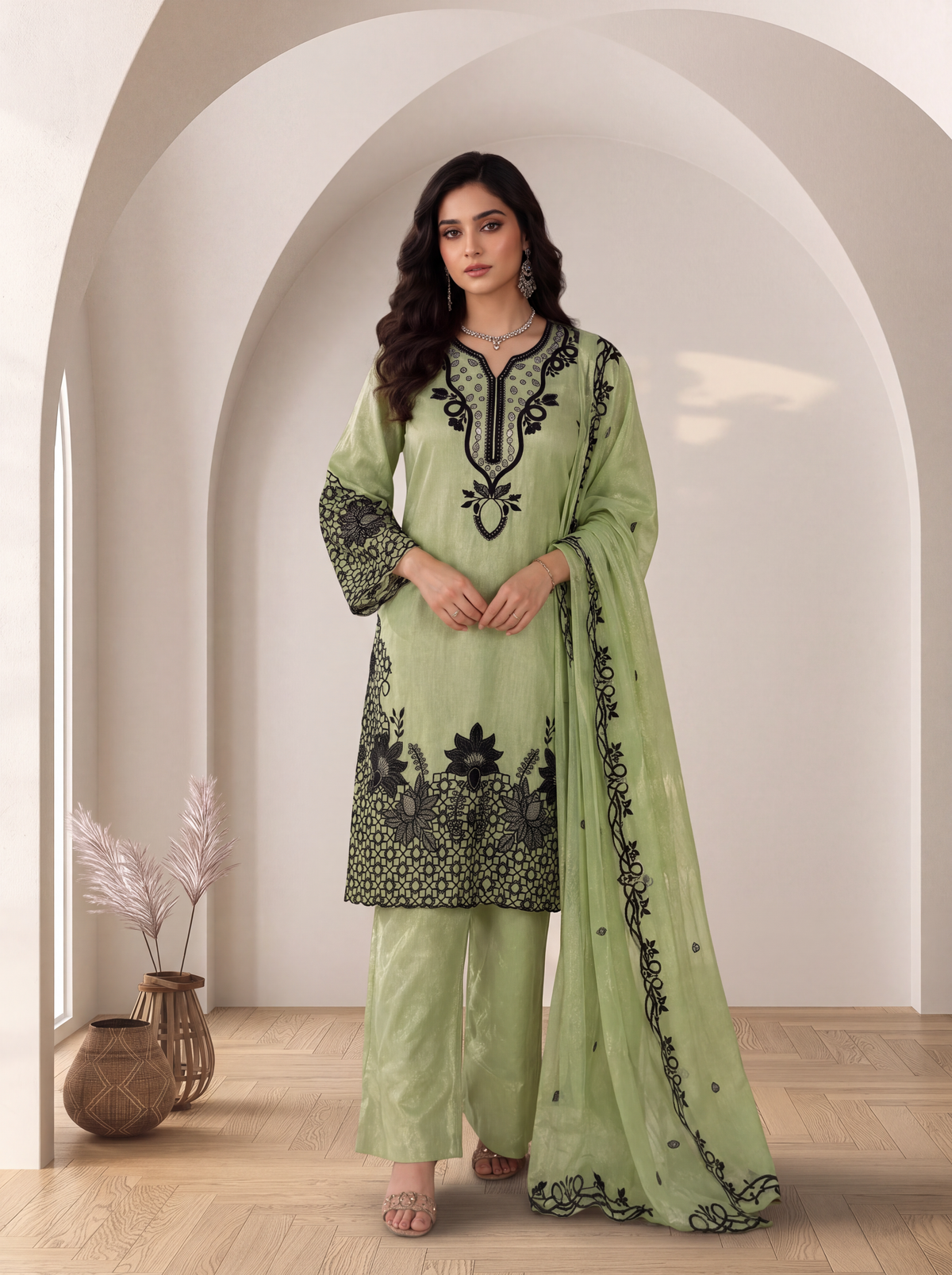 Sage Green Embroidered Suit with Dupatta