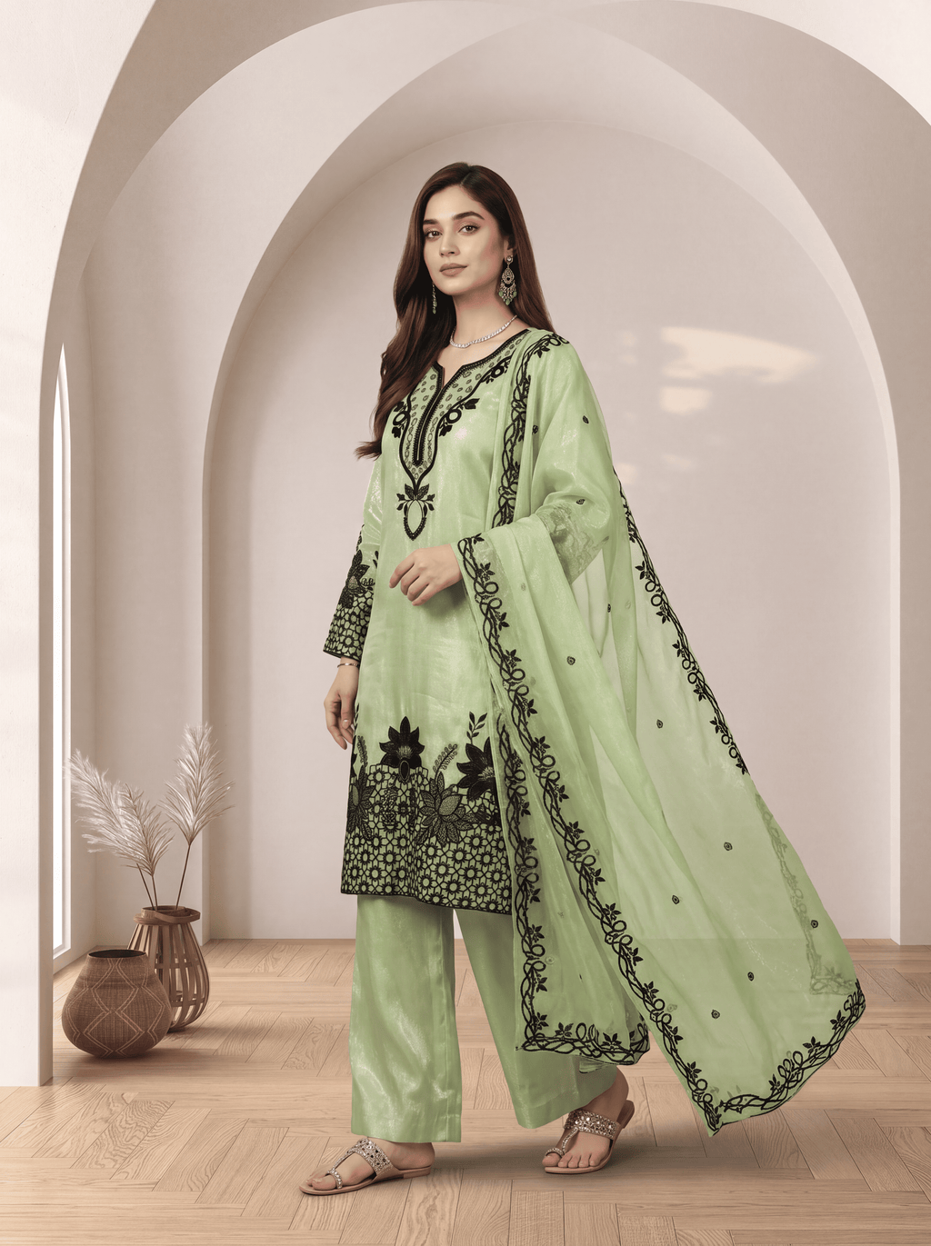 Sage Green Embroidered Suit with Dupatta