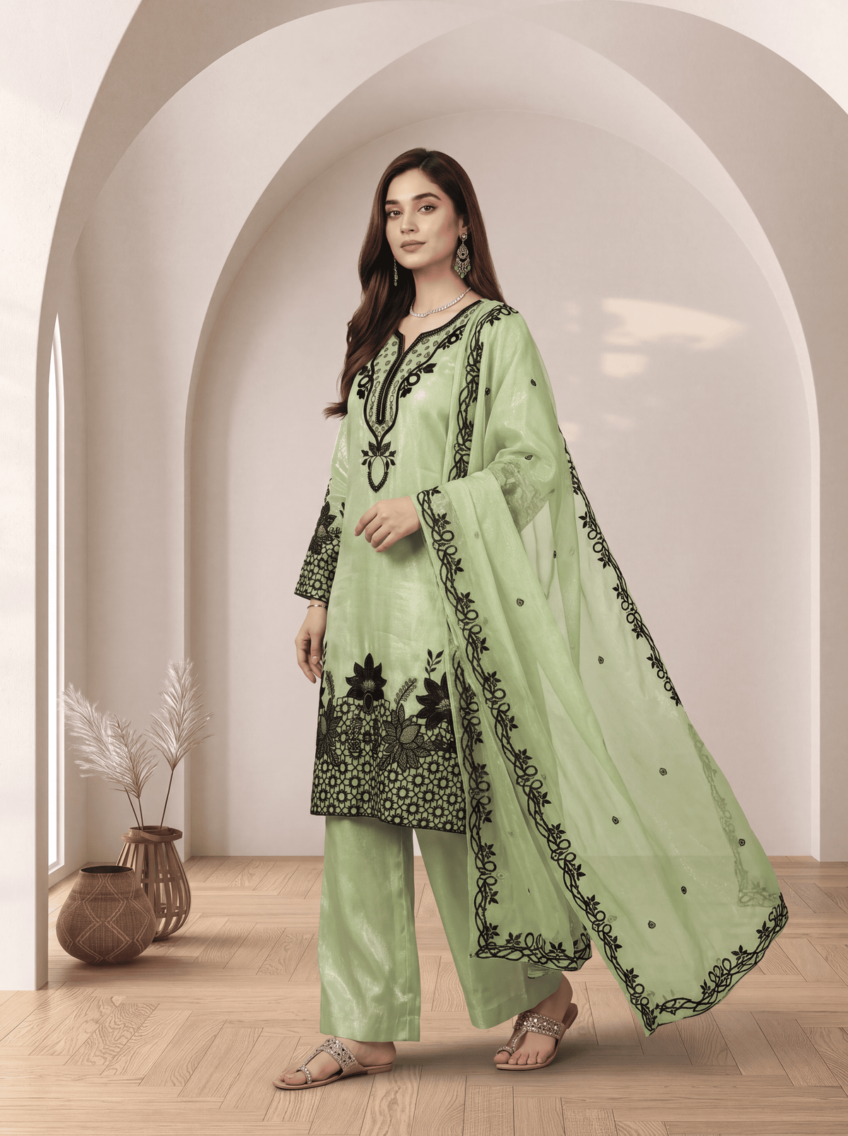 Sage Green Embroidered Suit with Dupatta
