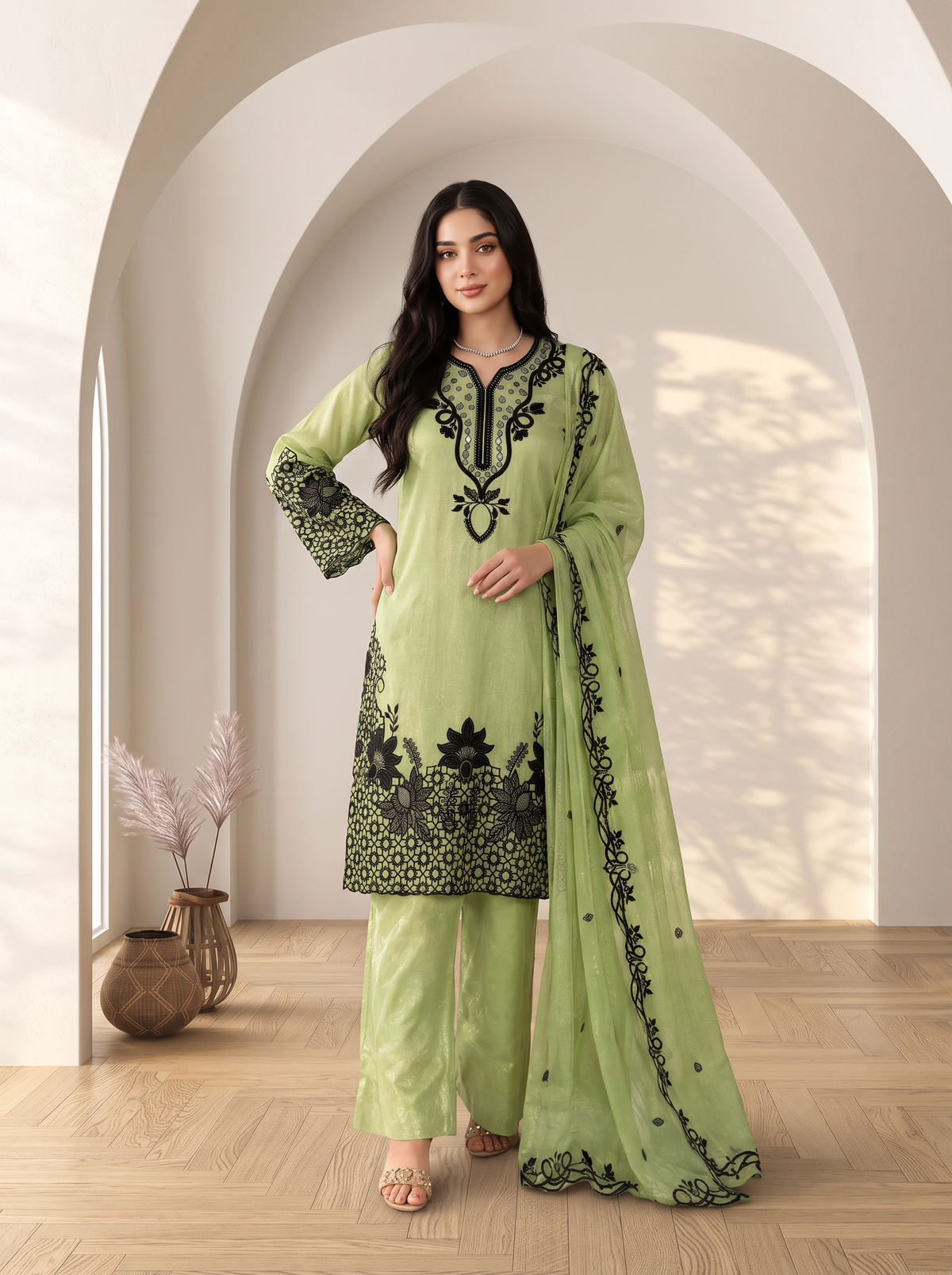 Sage Green Embroidered Suit with Dupatta