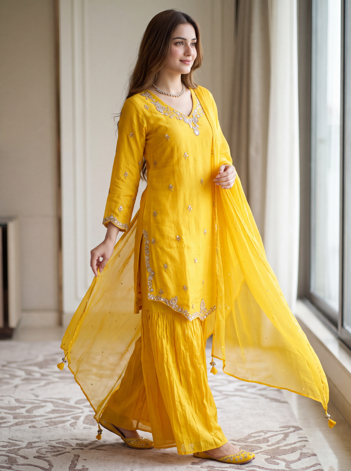 Yellow Embroidered Kurta Sharara Set with Dupatta