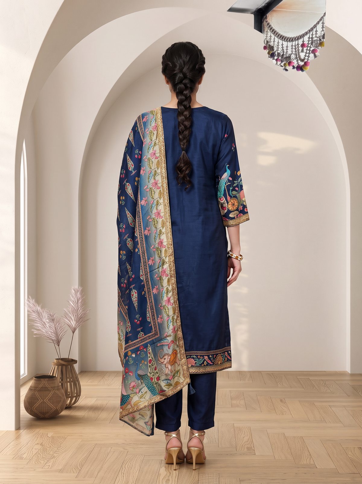 Navy Blue Embroidered Kurta Set with Floral Dupatta