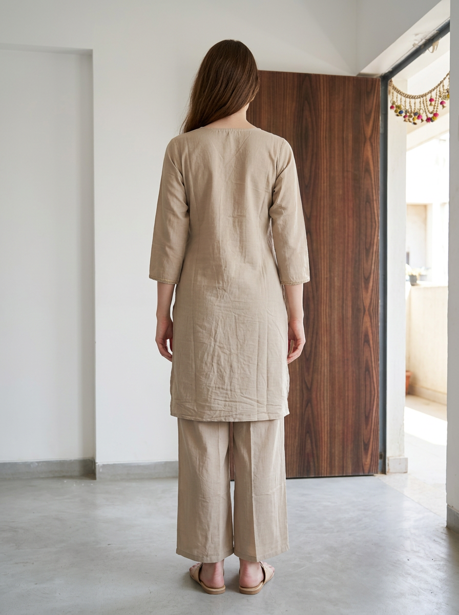 Beige Embroidered Kurta Set with Floral Palm Motif Dupatta
