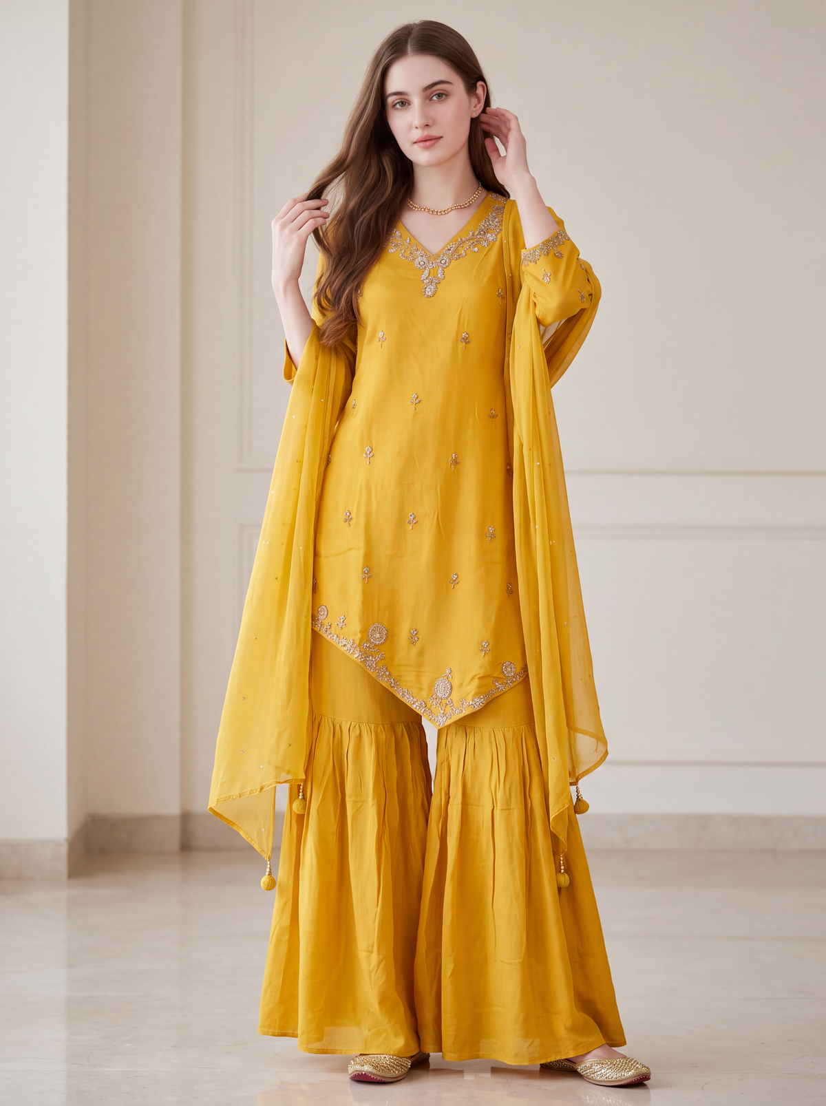 Yellow Embroidered Kurta Sharara Set with Dupatta