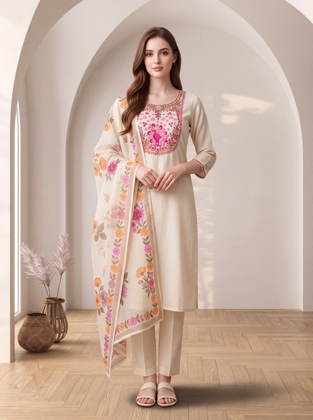 Cream Embroidered Kurta Set with Floral Dupatta