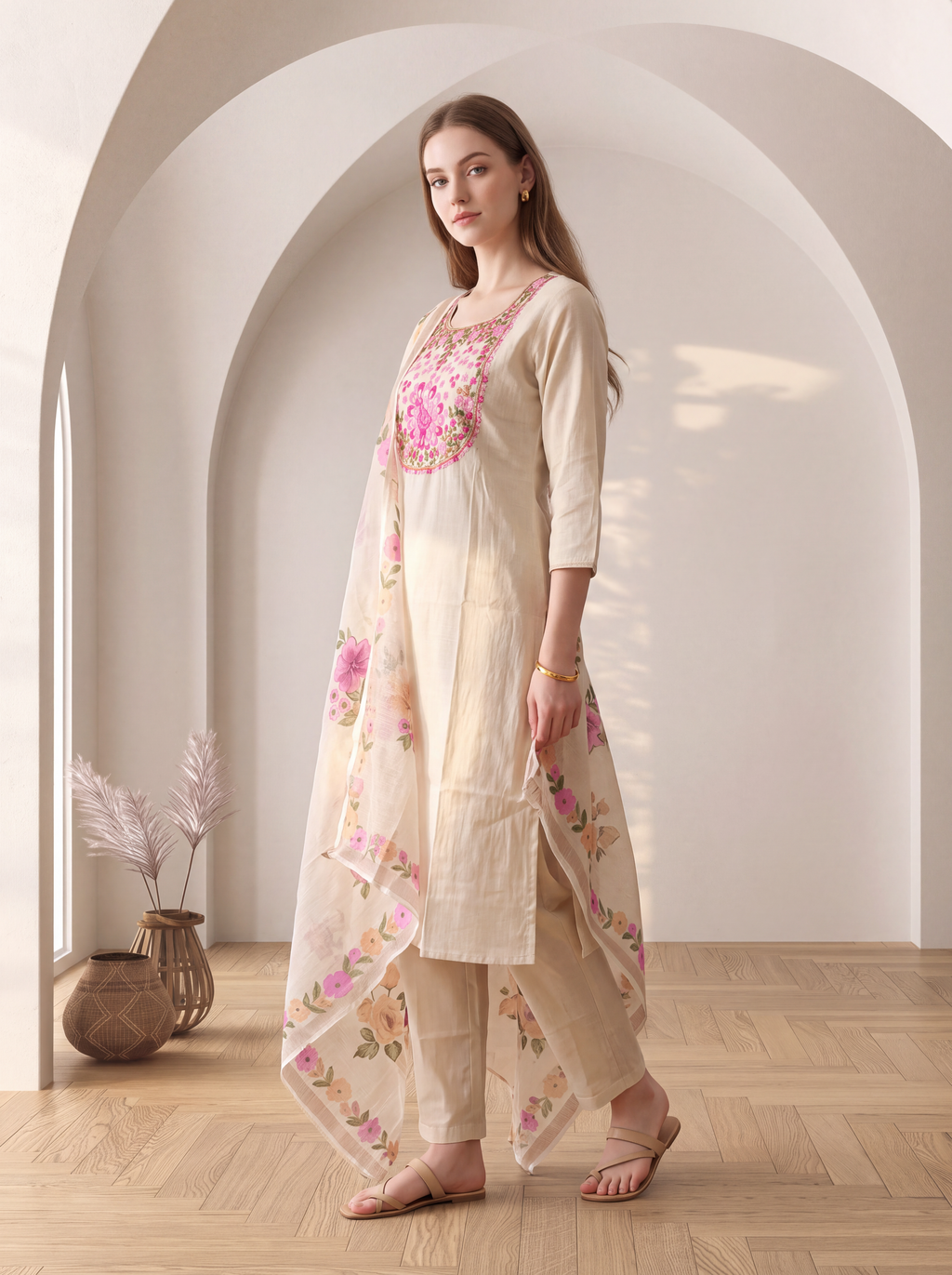 Cream Embroidered Kurta Set with Floral Dupatta