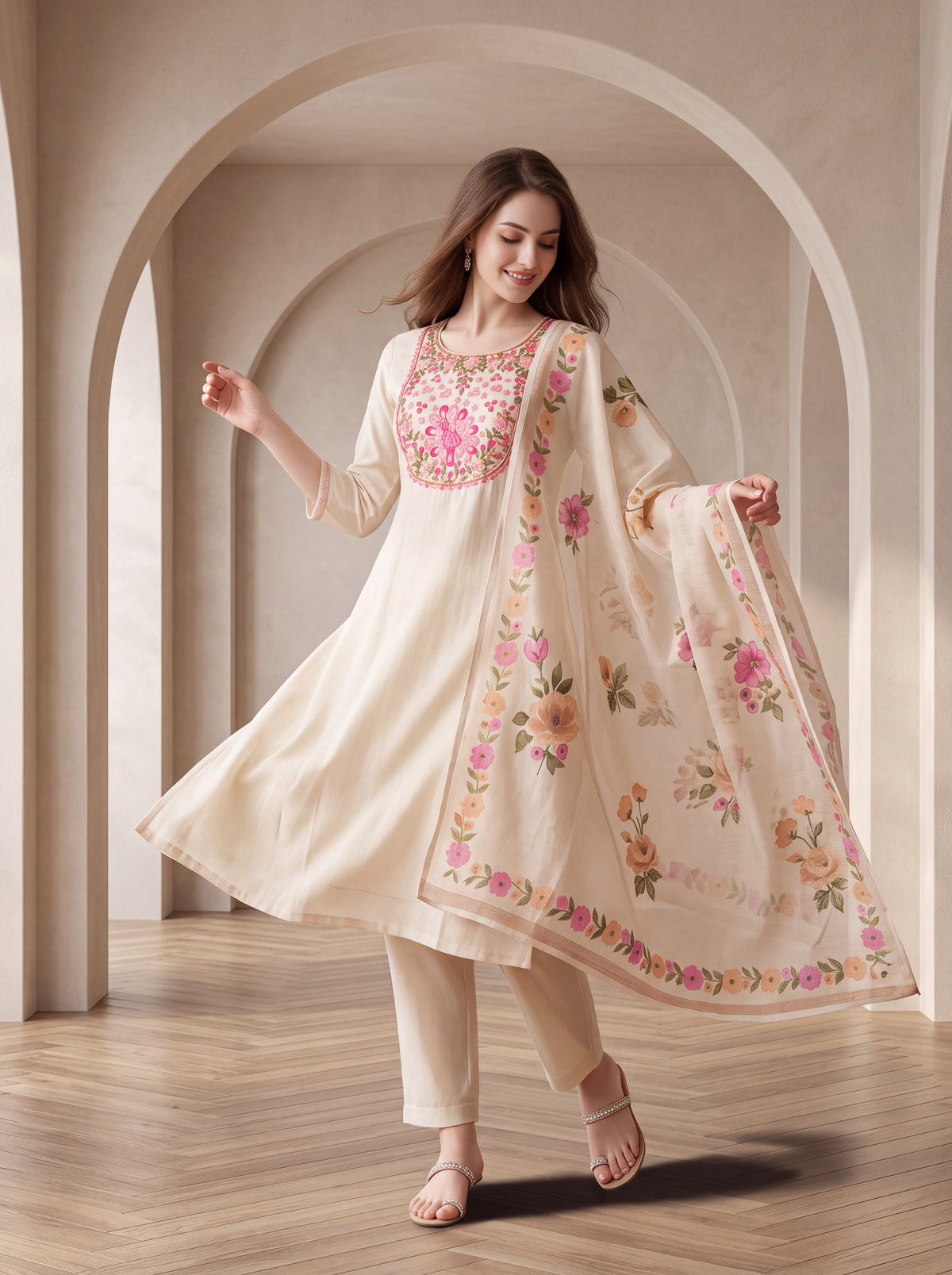 Cream Embroidered Kurta Set with Floral Dupatta