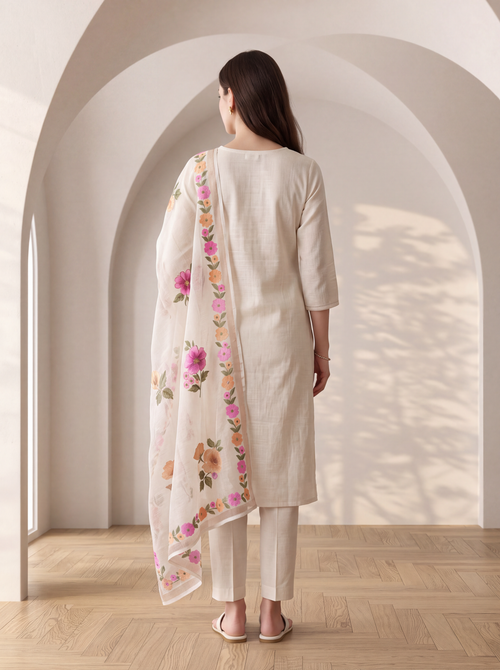 Cream Embroidered Kurta Set with Floral Dupatta