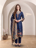 Navy Blue Embroidered Kurta Set with Floral Dupatta